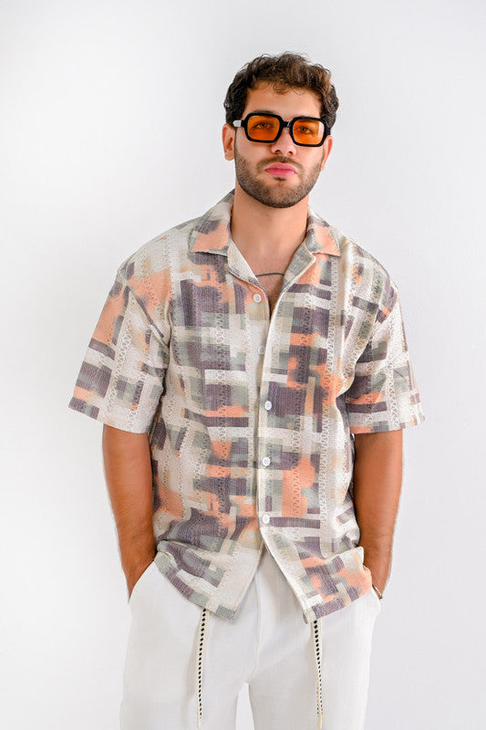 Textured Short-Sleeve Shirt - Orange & Olive